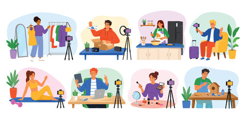 Naklejka premium Collection of Eight Social Media Content Creators Filming Various Lifestyle Topics.