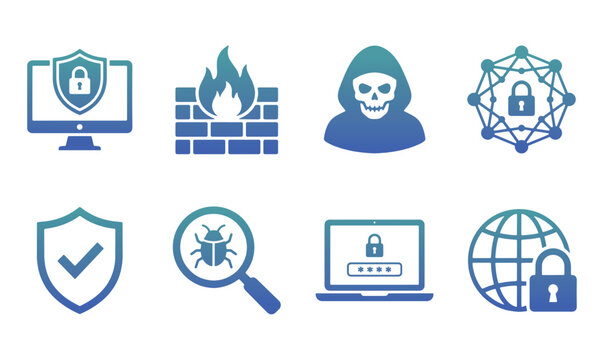 Cyber Security and Data Protection Icon Set with Firewall, Hacker, Network Security, Malware Detection and Privacy Shield Symbols Vector Collection
