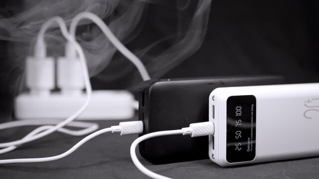Smoke rises from two portable power banks connected via USB cables, signaling a dangerous malfunction. Concept of electrical fire hazards, overheating batteries, and defective equipment.