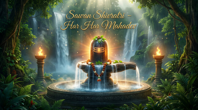Sacred Sawan Shivratri Shiva Lingam with Waterfall Forest Temple Setting and Spiritual Festival Devotion