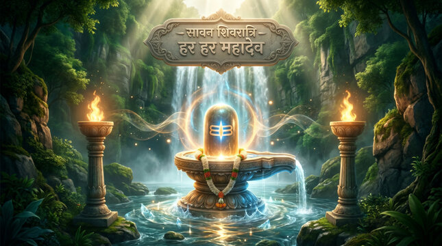 Sacred Sawan Shivratri Shiva Lingam with Waterfall Forest Sanctuary and Divine Hindu Devotional Background