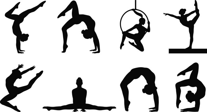 Gymnastics and Aerial Acrobat Silhouette Collection with Flexibility and Balance Poses