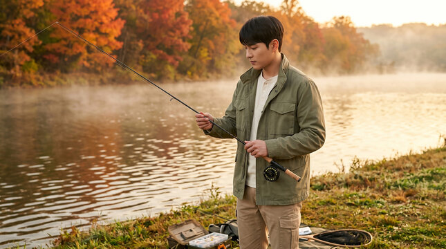 물안개 낀 가을 호수에서 낚시하는 남자 &middot; Man Fishing on a Misty Autumn Lake in the Early Morning