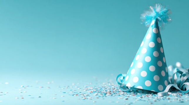 A cheerful turquoise party hat adorned with white polka dots and festive confetti, ideal for celebrating birthdays and joyful gatherings with friends and family.