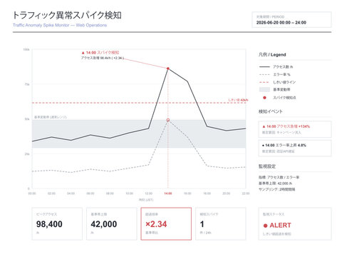 Web traffic spike anomaly detection vector editable monitoring line chart template with baseline band threshold line spike markers and incident annotations for site reliability operations