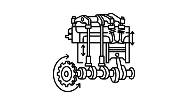 Engine crankshaft and piston assembly mechanical line drawing.