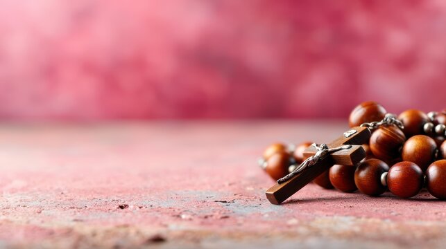 A beautifully crafted rosary made of wooden beads and a cross, creating a serene ambiance, perfect for spiritual and religious themes of introspection and connection.