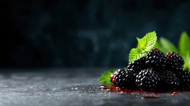 A cluster of ripe blackberries, dripping with juice, is accompanied by fresh mint leaves on a dark textured background, highlighting their freshness and vibrancy.