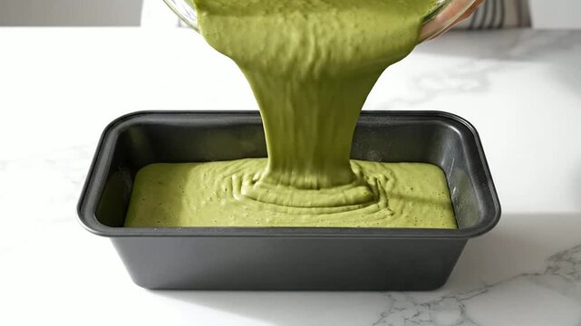 Vibrant Matcha Green Tea Batter Being Poured Into A Sleek Black Loaf Pan On A Marble Countertop