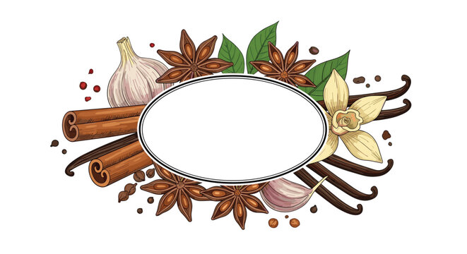 Botanical frame featuring a selection of aromatic spices including cinnamon sticks, star anise, vanilla beans, garlic, and peppercorns.