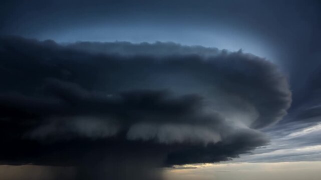 Time lapse static pan of supercell thunderstorm rotating collapsing and producing heavy rain over flat prairie at dusk