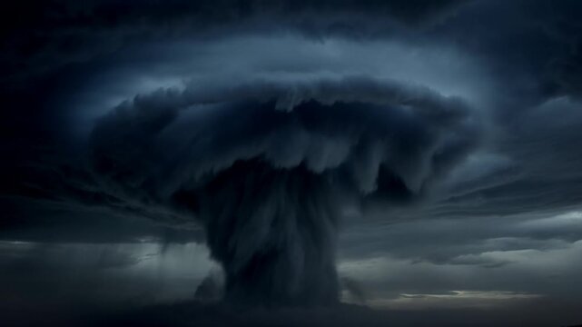 Time lapse view of towering supercell thunderstorm rotating and developing over open landscape at dusk