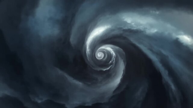 Aerial slow motion tracking pan of storm cloud vortex spiraling and rotating over open ocean horizon with dark turbulent atmosphere