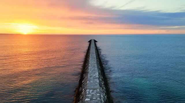 Aerial slow motion tracking pan of stone jetty extending into calm sea toward sunrise on coastal shoreline horizon view