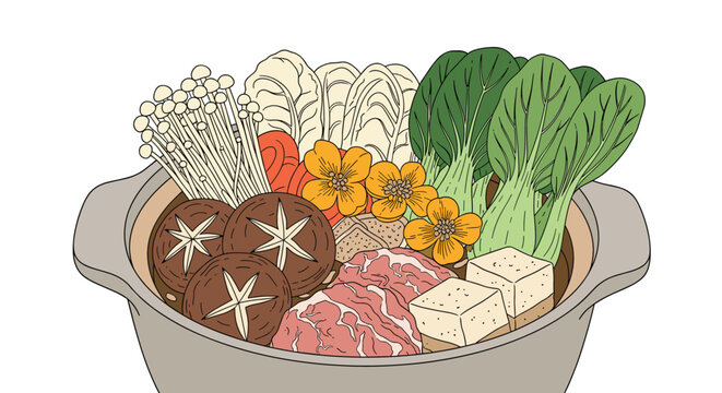 Vibrant illustration of a traditional Japanese sukiyaki or shabu-shabu hot pot filled with meat, tofu, mushrooms, and leafy greens.