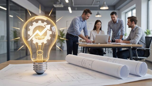 Glowing light bulb with gear and arrow on architectural blueprints