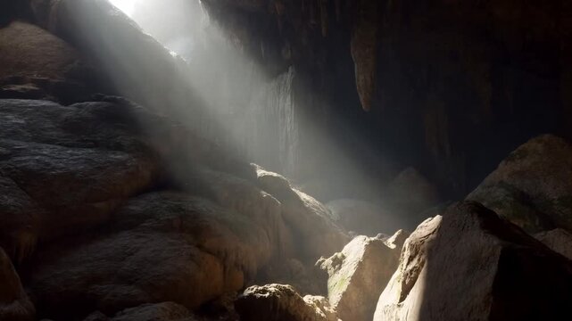 Slow tracking pan dolly of cave rocks and boulders with sunlight beam illuminating cascading waterfall mist in underground grotto chamber