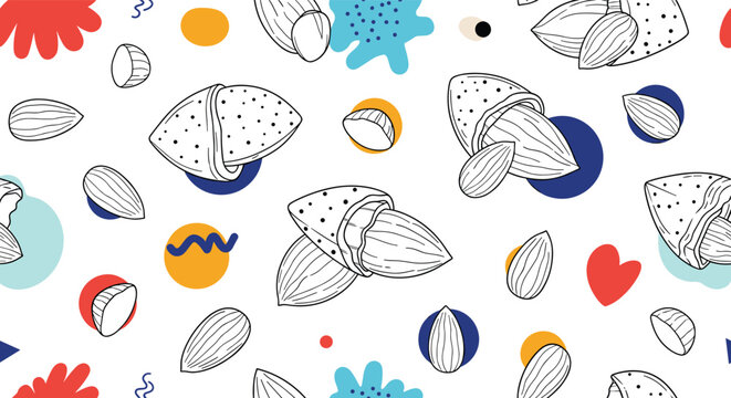 Artistic seamless pattern of sketched almonds and colorful abstract shapes like circles and hearts on a white background.