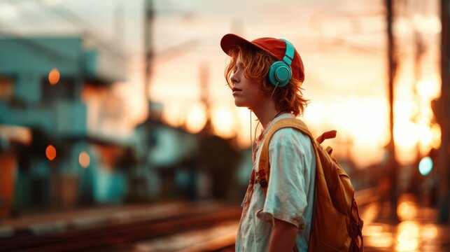 A young boy wearing a red cap and headphones stands near a train station at sunset, illustrating a moment of contemplation amidst urban life and vibrant colors.