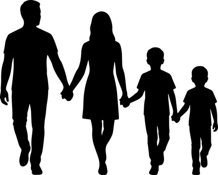Black silhouette vector of happy family walking hand in hand showing father mother and two sons together in line isolated on white background for parenting and family lifestyle designs