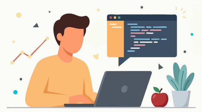 Developer Coding on Laptop with Data Graph and Code Interface Illustration