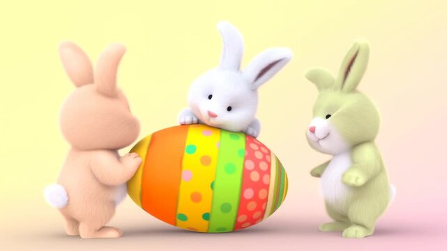 Slow motion tracking shot of three plush bunnies pushing decorated easter egg on pastel studio floor