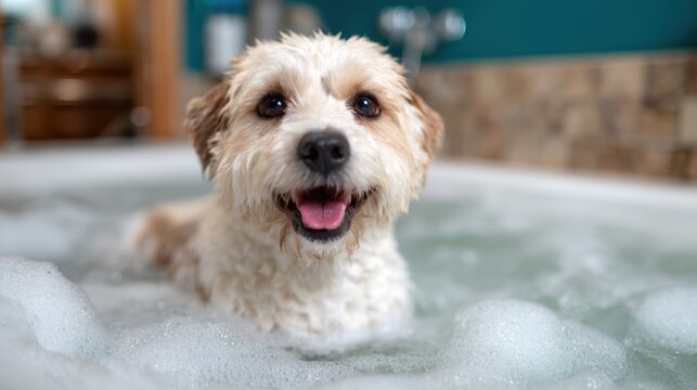 This cheerful dog is happily enjoying a bubble bath in a cozy tub, showcasing perfect joy and playfulness in a warm and inviting bathroom environment.