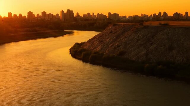 Aerial tracking shot of river bending past rocky bluff toward city skyline at sunset