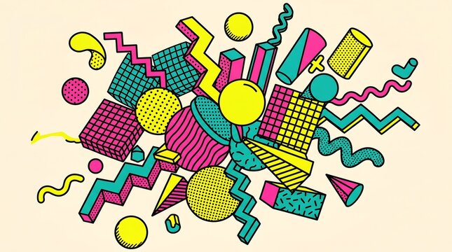 Memphis Style Abstract Geometric Pattern Exploding Retro 90s Vector Background