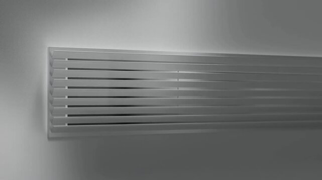 Panning shot of air vent with shifting silhouette moving behind wall louvers in interior hallway near ceiling