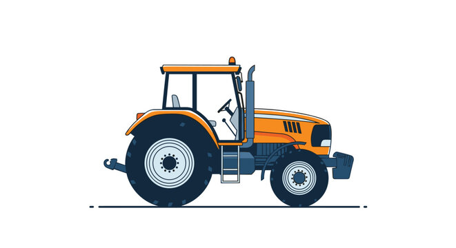 Modern side-view illustration of a large orange farm tractor with a cabin and heavy-duty wheels on a clean white background.