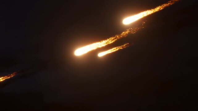 Tracking shot of meteors and fireballs streaking and burning through dark night sky with glowing trails and smoke