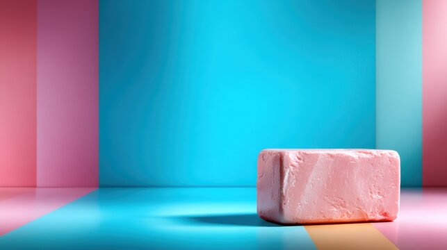 A singular pale pink soap block stands on a bright blue and pink background, epitomizing minimalism and contemporary aesthetics in personal care and hygiene products.