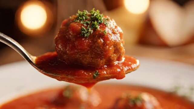Delicious savory meatball in rich tomato sauce, garnished with fresh herbs, served on a spoon.