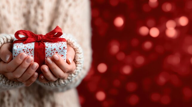 Two hands hold a beautifully wrapped gift adorned with a red ribbon, symbolizing love and celebration, set against a vibrant backdrop of festive bokeh lights.
