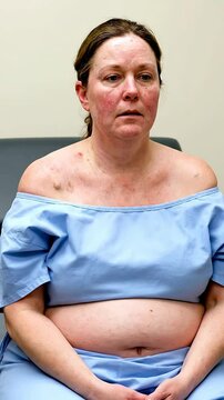 Woman with Cushing Syndrome Displaying Symptoms in Medical Examination Room Dressed in Blue Medical Gown with Serious Expression
