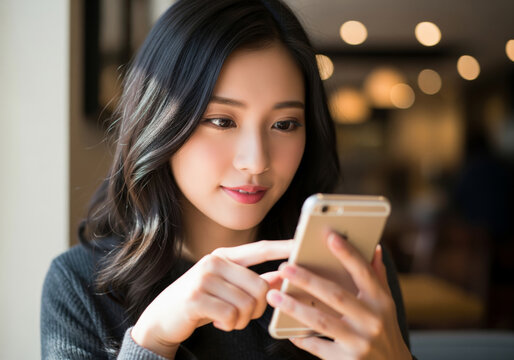 スマートフォンを片手に持ち画面を見つめる女性