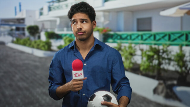 Man holding red news microphone and a soccer ball on a paved street in front of a white building, gesturing hesitantly with puzzled look; uncertainty live report.