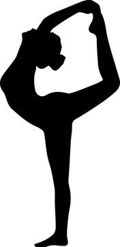 Elegant black silhouette of woman in standing yoga backbend pose arms raised showing flexibility strength balance minimalist design on white for wellness fitness meditation