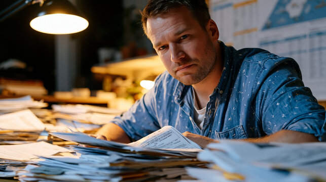 International freight forwarder at a wide desk covered in bills of lading, certificates of origin, and customs declarations, organizing multi-page documentation packets under warm desk lamp light, a