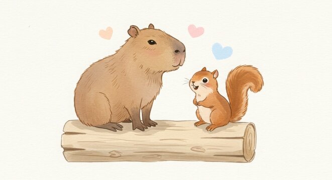cute cartoon capybara and tiny squirrel sitting on same log smiling in watercolor style with cute soft tone, isolated on white background