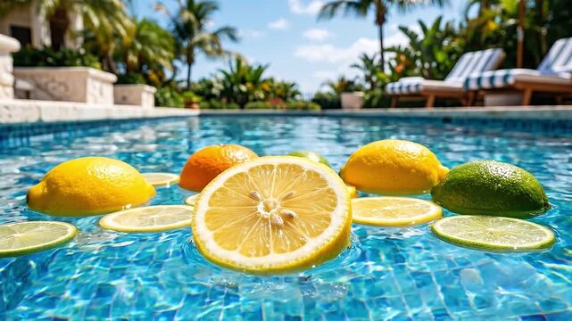 Tracking slow motion pan of citrus fruits floating and bobbing on pool water at tropical resort deck with sunny reflective surface and relaxed daytime summer mood