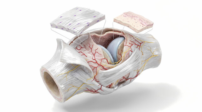 Diagram of Human Knee Joint Anatomy With Magnified Fibrous Tissue Layers