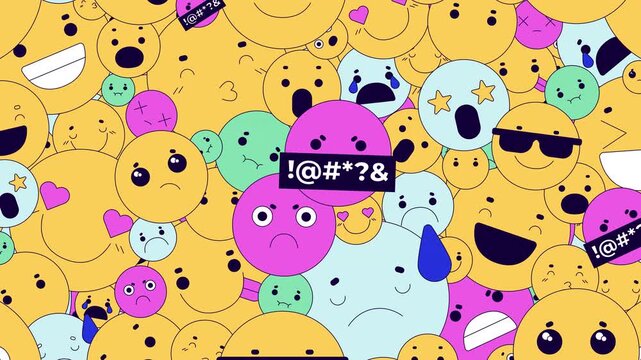 Playful social media emojis transition effect video overlay. Emoticons reactions. Digital expressions. Animated flat cartoon reveal on transparent background. Scene change. Dynamic fill motion graphic