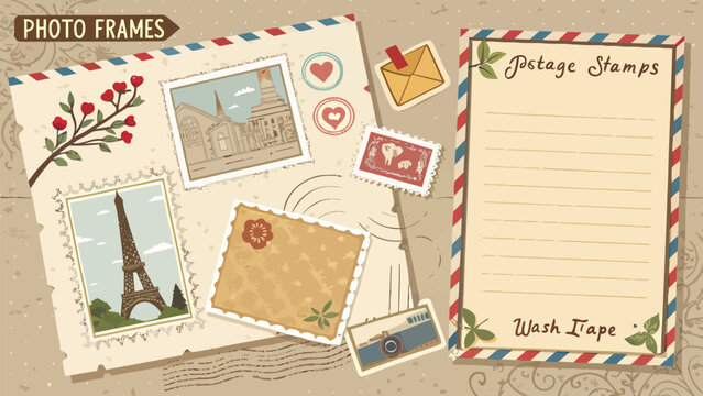 Vintage travel scrapbook elements with photo frames, postage stamps, and envelope on textured background