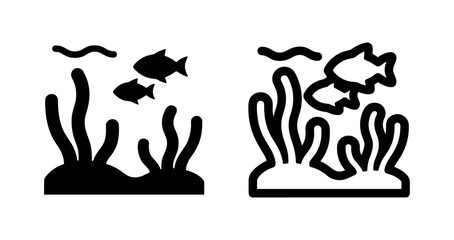 Obraz premium Underwater life icon, Fish and seaweed symbol. Marine ecosystem illustration, ocean graphic for aquatic biology and nature.