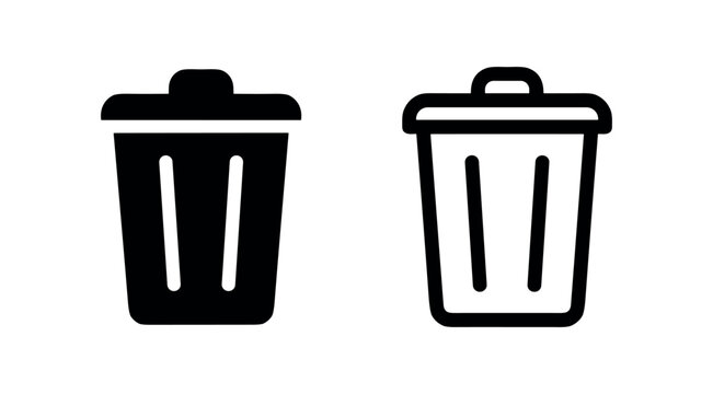 Trash can and waste bin vector icons. Delete, garbage, and recycling symbol on white background.