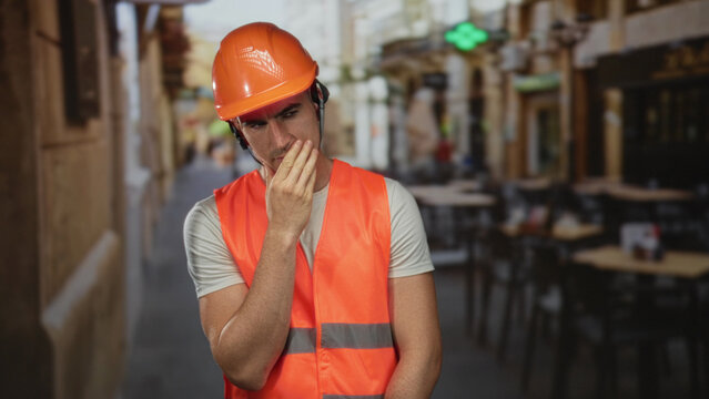 Man in orange hardhat and reflective safety vest with hand on chin on street terrace outside restaurant; quiet contemplation.