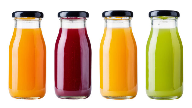 Isolated natural fresh healthy organic fruit and vegetable juice smoothies in glass bottles.