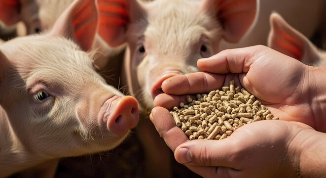 Farm worker hands feeding pigs, offering dry animal feed pellets. Farmer provides essential nutrition, ensuring healthy growth, feeding pigs on modern farm.